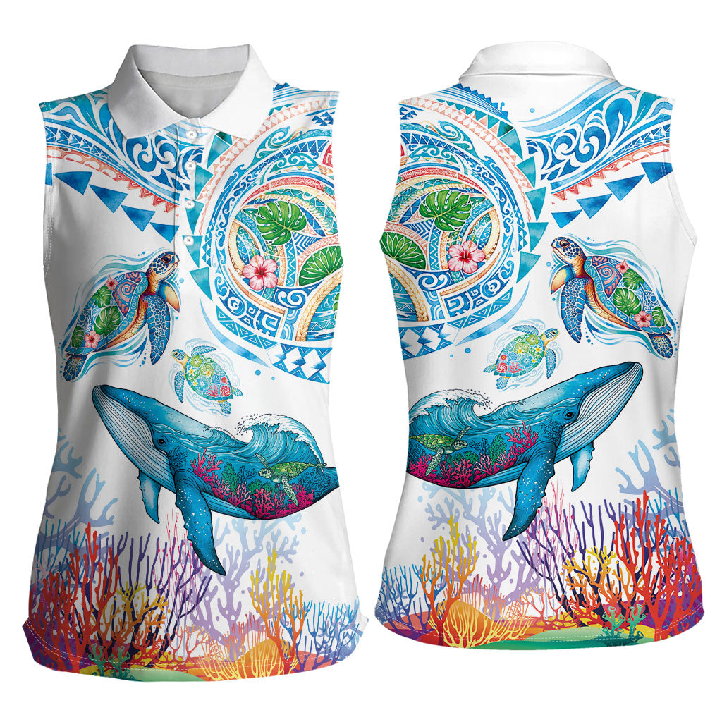 Hawaiian Turtles and Whales Women Sleeveless Polo Shirt Polynesian Tropical Tattoo Ocean Style