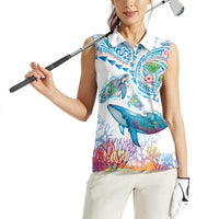 Hawaiian Turtles and Whales Women Sleeveless Polo Shirt Polynesian Tropical Tattoo Ocean Style