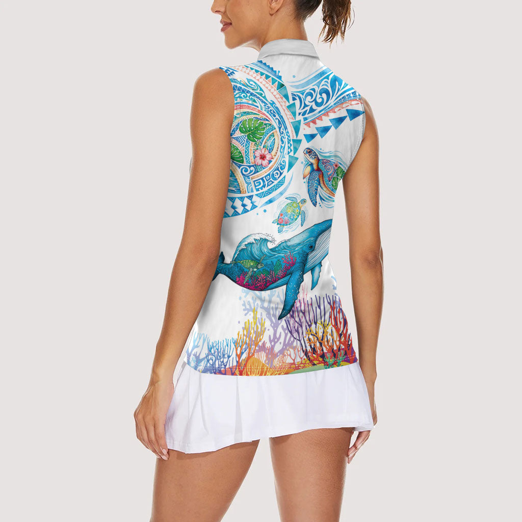 Hawaiian Turtles and Whales Women Sleeveless Polo Shirt Polynesian Tropical Tattoo Ocean Style