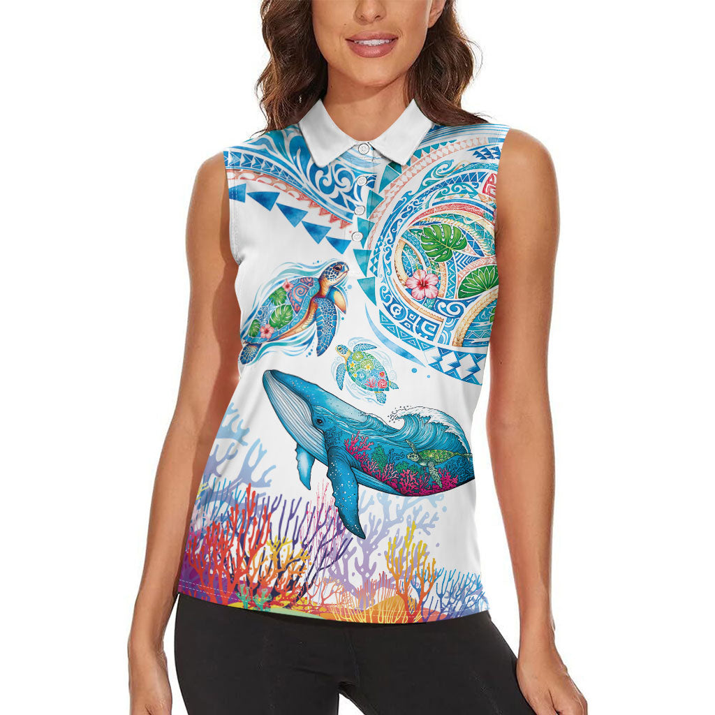 Hawaiian Turtles and Whales Women Sleeveless Polo Shirt Polynesian Tropical Tattoo Ocean Style