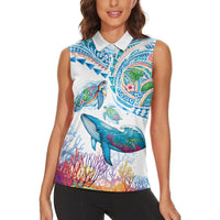 Hawaiian Turtles and Whales Women Sleeveless Polo Shirt Polynesian Tropical Tattoo Ocean Style