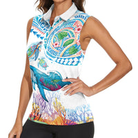 Hawaiian Turtles and Whales Women Sleeveless Polo Shirt Polynesian Tropical Tattoo Ocean Style