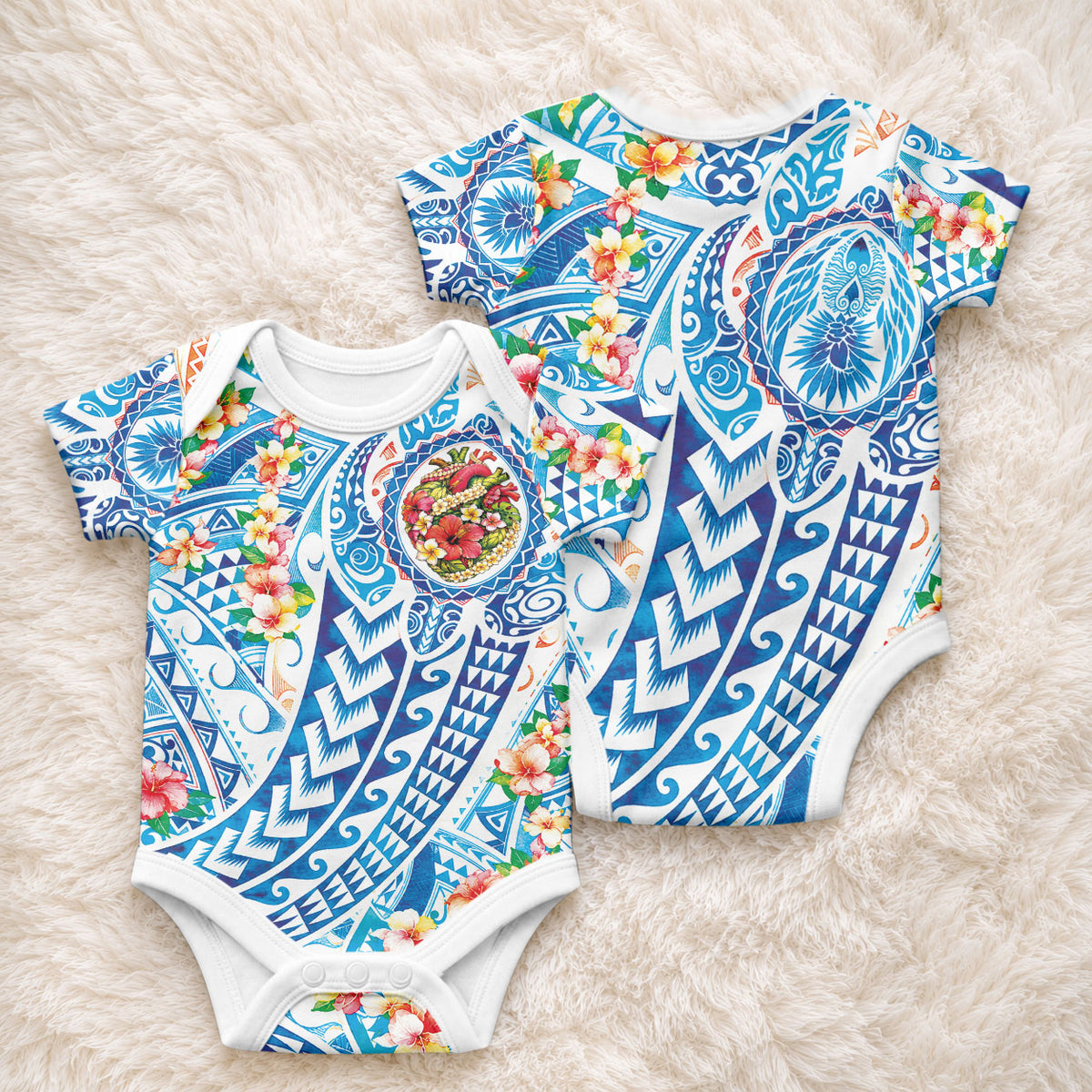 Hawaiian Turtle and Lei Baby Onesie Tribal Kakau and Tropical Plants Human Heart