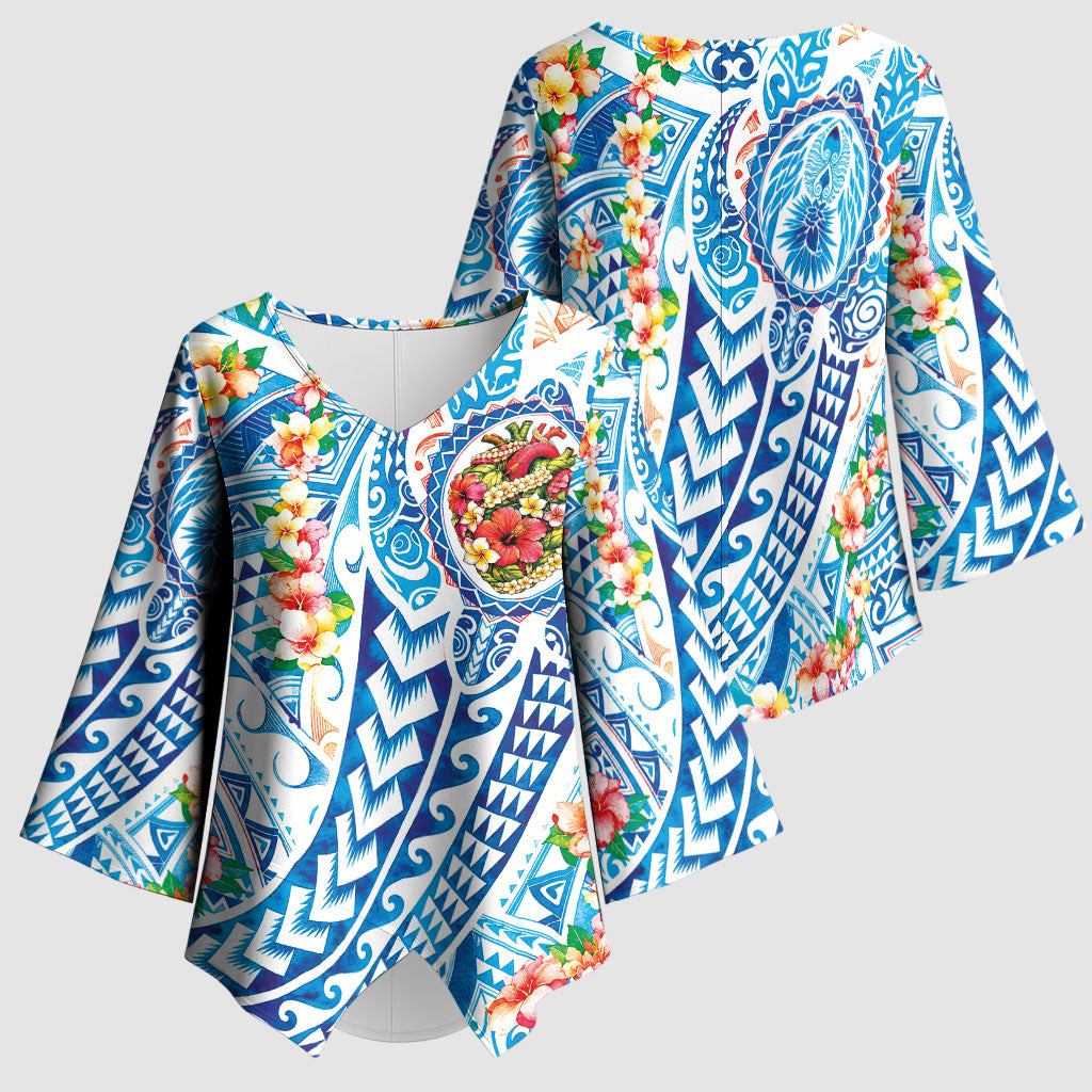 Hawaiian Turtle and Lei Kimono Sleeve Blouse Tribal Kakau and Tropical Plants Human Heart