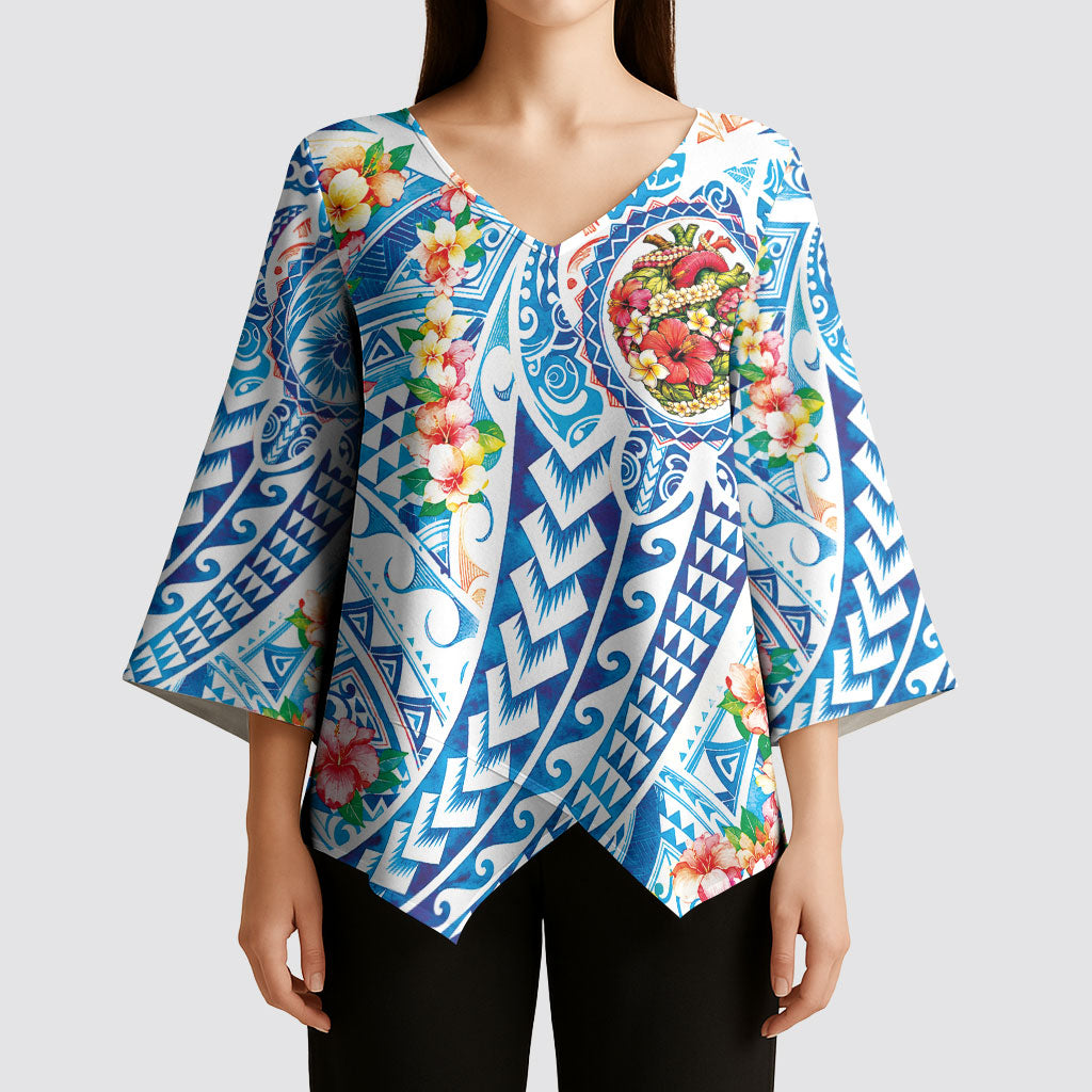 Hawaiian Turtle and Lei Kimono Sleeve Blouse Tribal Kakau and Tropical Plants Human Heart