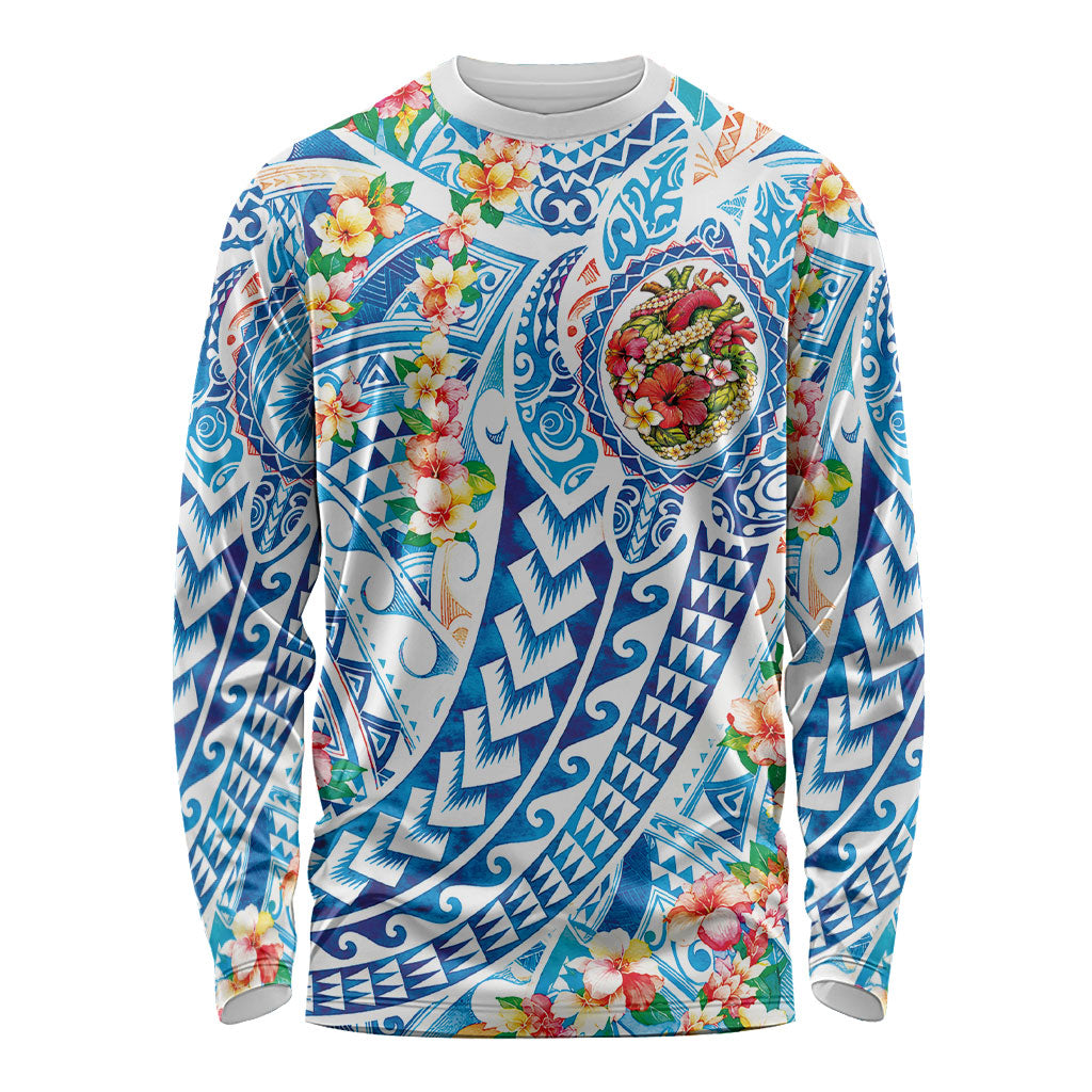 Hawaiian Turtle and Lei Long Sleeve Shirt Tribal Kakau and Tropical Plants Human Heart