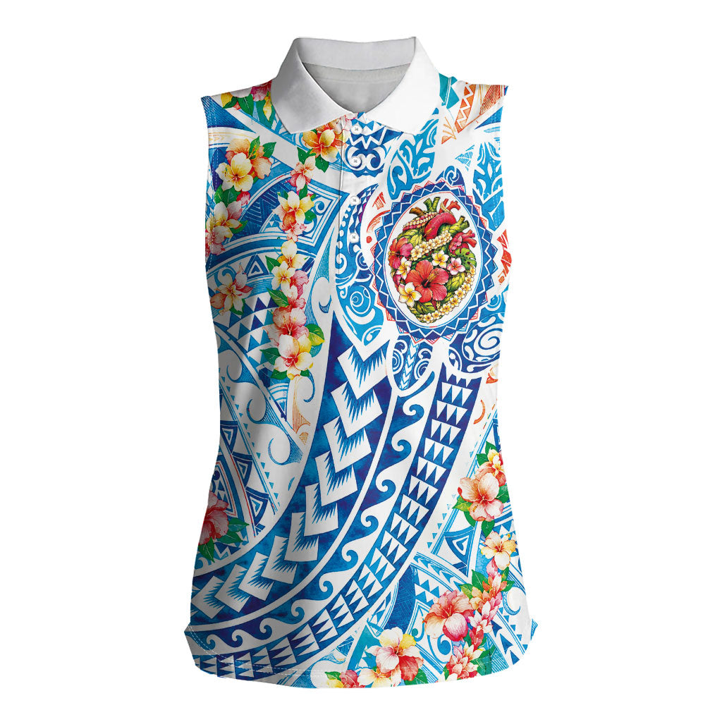 Hawaiian Turtle and Lei Women Sleeveless Polo Shirt Tribal Kakau and Tropical Plants Human Heart LT03 Female Multicolor - Polynesian Pride