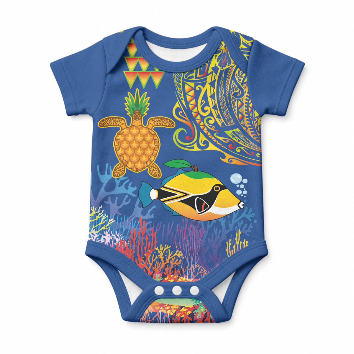 Hawaii Ocean Baby Onesie Pineapple Turtle and Mango Reef Triggerfish and Kakau Tattoo
