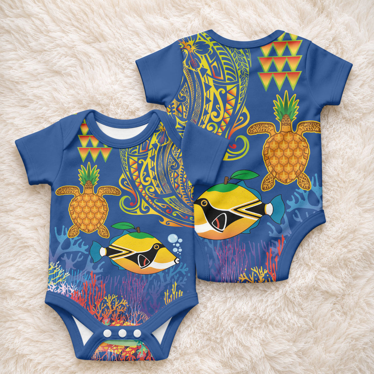 Hawaii Ocean Baby Onesie Pineapple Turtle and Mango Reef Triggerfish and Kakau Tattoo