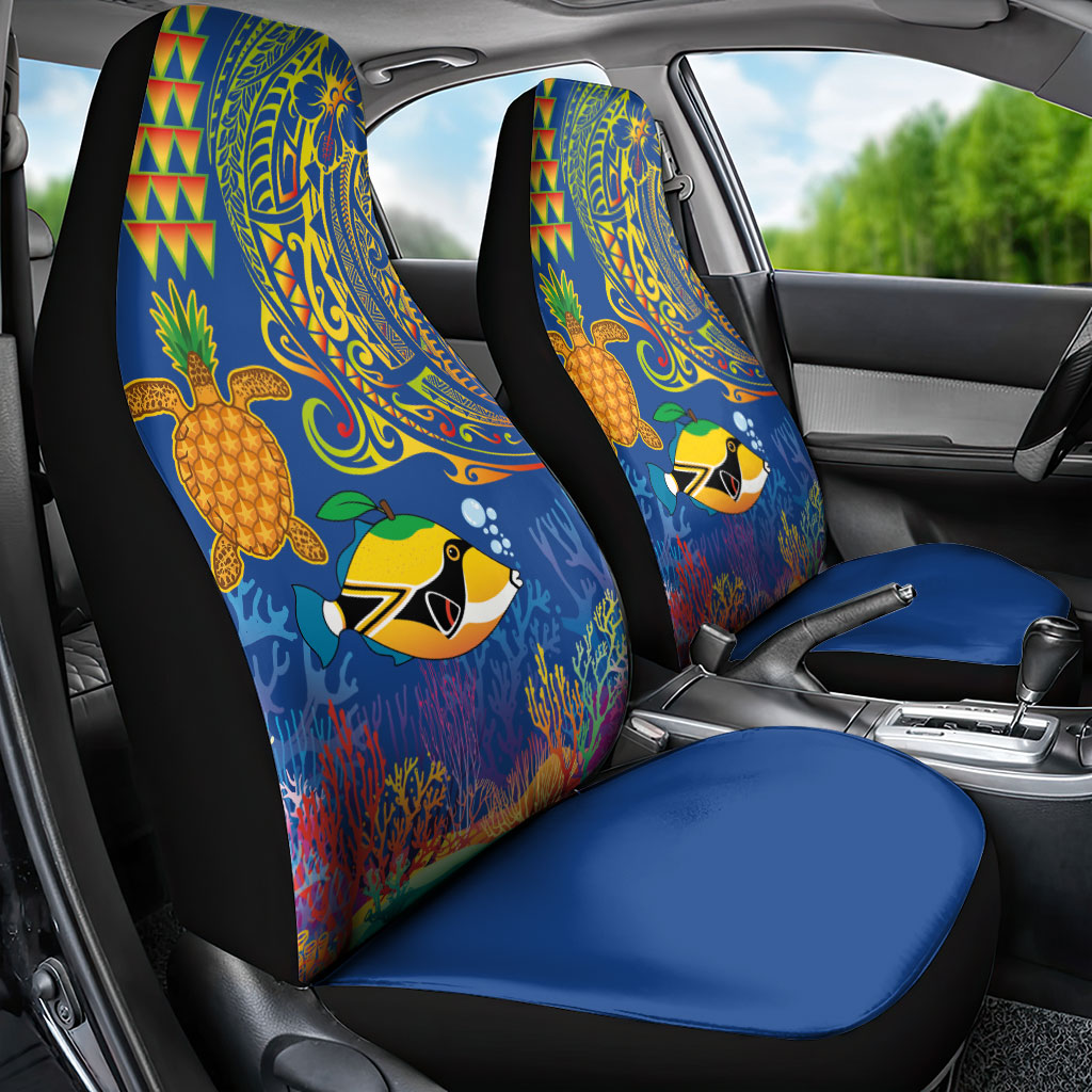 Hawaii Ocean Car Seat Cover Pineapple Turtle and Mango Reef Triggerfish and Kakau Tattoo