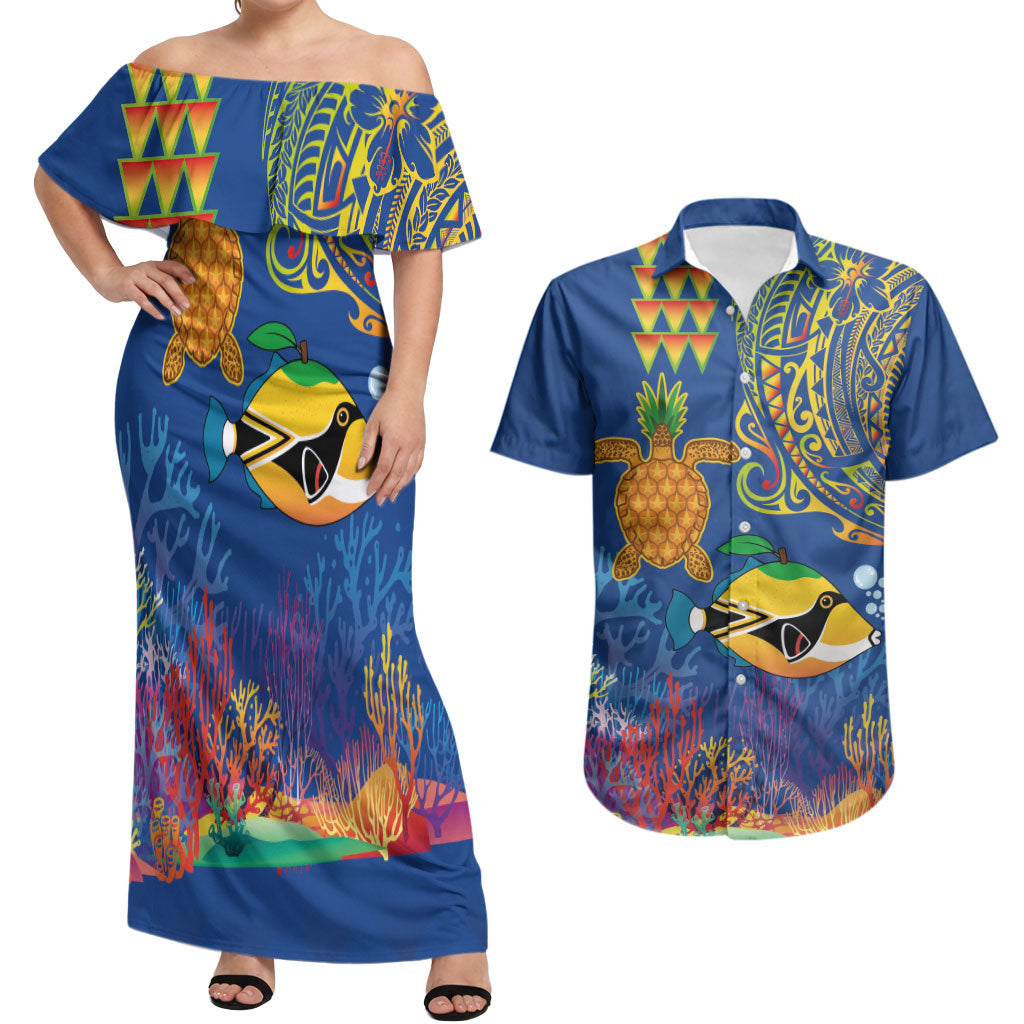 Hawaii Ocean Couples Matching Off Shoulder Maxi Dress and Hawaiian Shirt Pineapple Turtle and Mango Reef Triggerfish and Kakau Tattoo