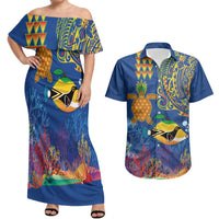 Hawaii Ocean Couples Matching Off Shoulder Maxi Dress and Hawaiian Shirt Pineapple Turtle and Mango Reef Triggerfish and Kakau Tattoo
