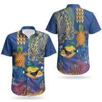 Hawaii Ocean Couples Matching Off Shoulder Maxi Dress and Hawaiian Shirt Pineapple Turtle and Mango Reef Triggerfish and Kakau Tattoo
