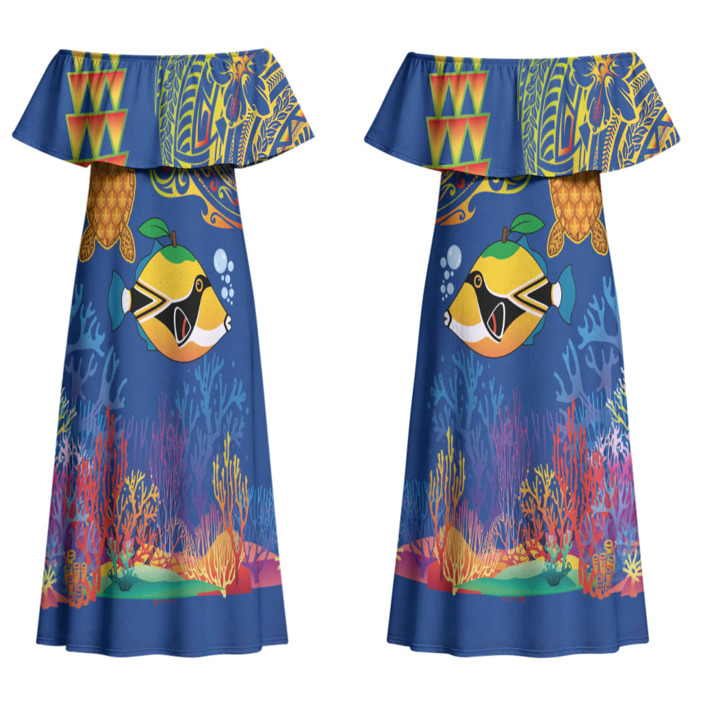 Hawaii Ocean Couples Matching Off Shoulder Maxi Dress and Hawaiian Shirt Pineapple Turtle and Mango Reef Triggerfish and Kakau Tattoo