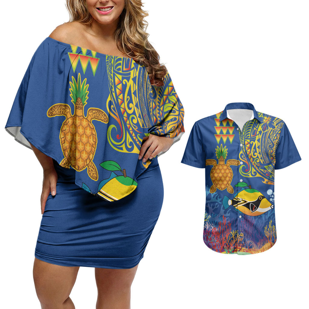 Hawaii Ocean Couples Matching Off Shoulder Short Dress and Hawaiian Shirt Pineapple Turtle and Mango Reef Triggerfish and Kakau Tattoo LT03 Multicolor - Polynesian Pride