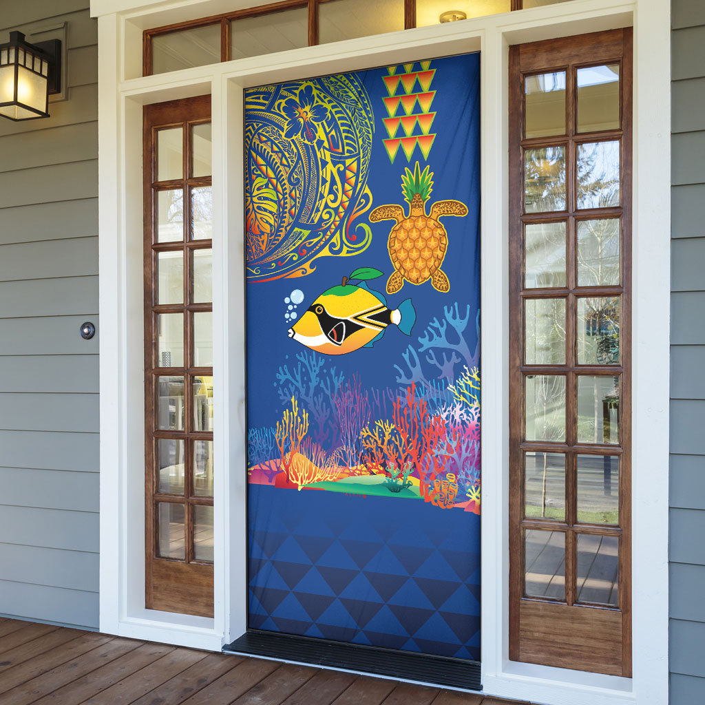 Hawaii Ocean Door Cover Pineapple Turtle and Mango Reef Triggerfish and Kakau Tattoo