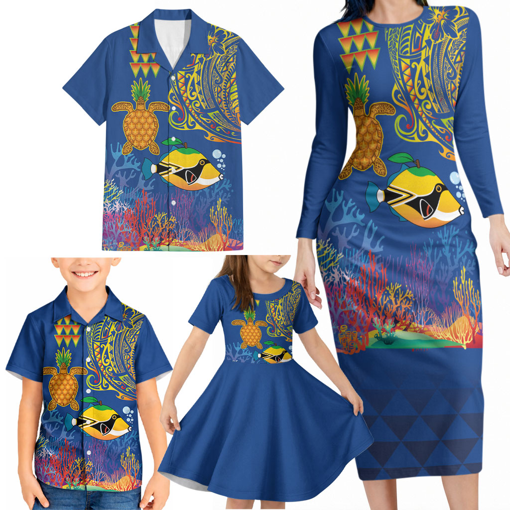 Hawaii Ocean Family Matching Long Sleeve Bodycon Dress and Hawaiian Shirt Pineapple Turtle and Mango Reef Triggerfish and Kakau Tattoo LT03 - Polynesian Pride
