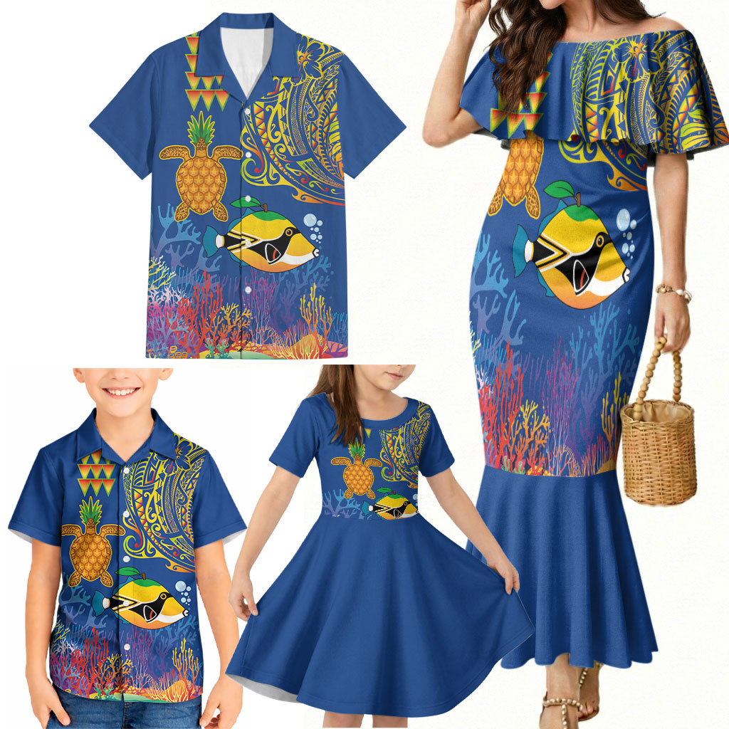 Hawaii Ocean Family Matching Mermaid Dress and Hawaiian Shirt Pineapple Turtle and Mango Reef Triggerfish and Kakau Tattoo LT03 - Polynesian Pride