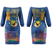Hawaii Ocean Family Matching Off The Shoulder Long Sleeve Dress and Hawaiian Shirt Pineapple Turtle and Mango Reef Triggerfish and Kakau Tattoo