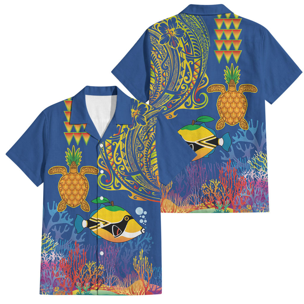 Hawaii Ocean Family Matching Off The Shoulder Long Sleeve Dress and Hawaiian Shirt Pineapple Turtle and Mango Reef Triggerfish and Kakau Tattoo
