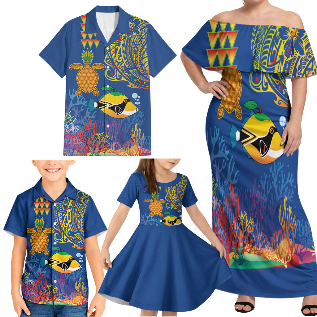 Hawaii Ocean Family Matching Off Shoulder Maxi Dress and Hawaiian Shirt Pineapple Turtle and Mango Reef Triggerfish and Kakau Tattoo LT03 - Polynesian Pride