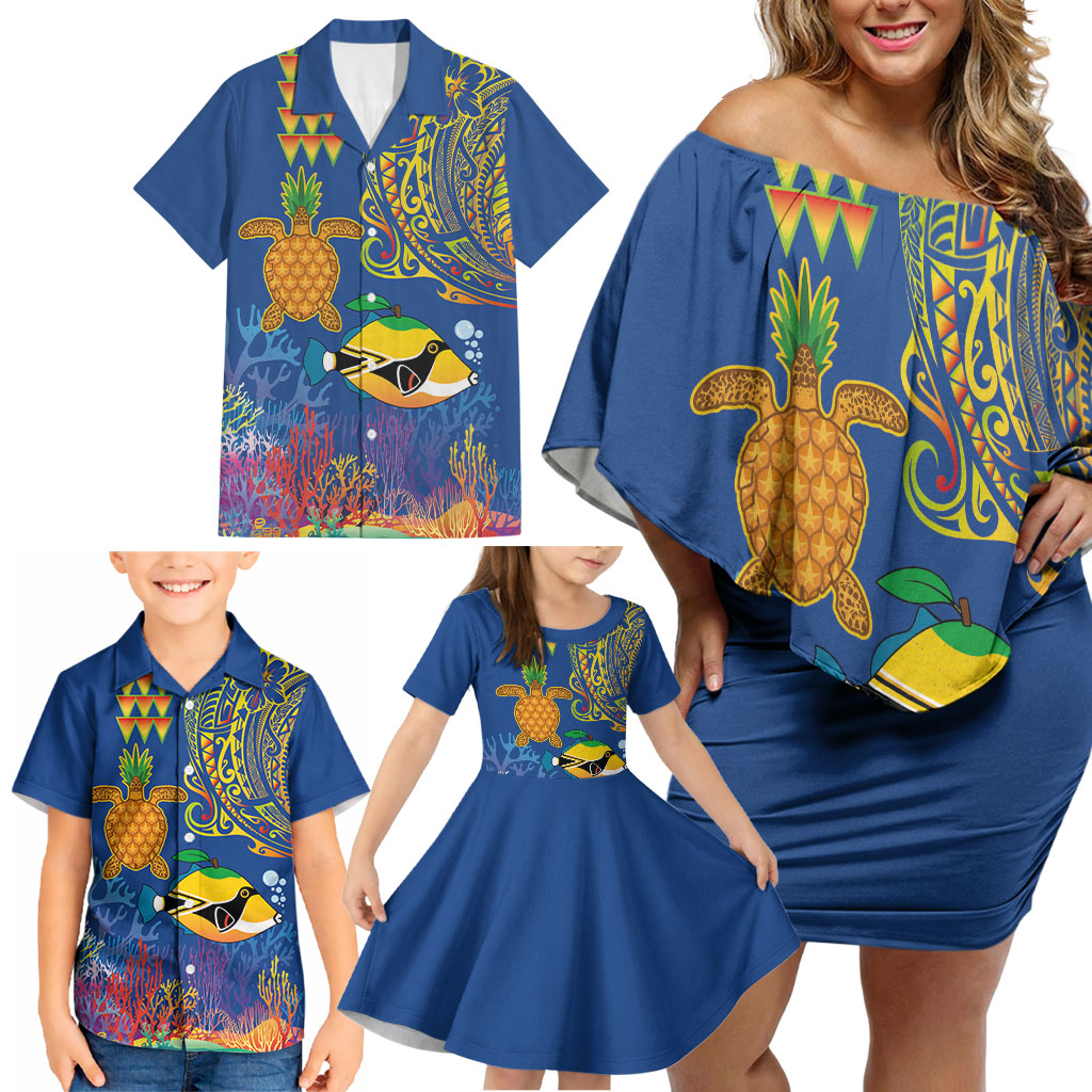 Hawaii Ocean Family Matching Off Shoulder Short Dress and Hawaiian Shirt Pineapple Turtle and Mango Reef Triggerfish and Kakau Tattoo