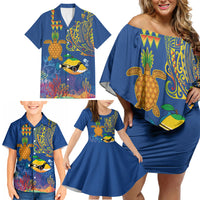 Hawaii Ocean Family Matching Off Shoulder Short Dress and Hawaiian Shirt Pineapple Turtle and Mango Reef Triggerfish and Kakau Tattoo