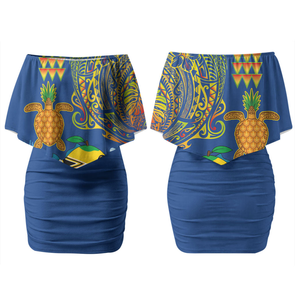 Hawaii Ocean Family Matching Off Shoulder Short Dress and Hawaiian Shirt Pineapple Turtle and Mango Reef Triggerfish and Kakau Tattoo
