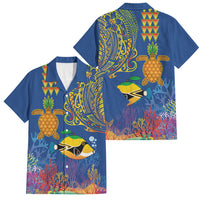 Hawaii Ocean Family Matching Off Shoulder Short Dress and Hawaiian Shirt Pineapple Turtle and Mango Reef Triggerfish and Kakau Tattoo