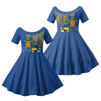 Hawaii Ocean Family Matching Off Shoulder Short Dress and Hawaiian Shirt Pineapple Turtle and Mango Reef Triggerfish and Kakau Tattoo