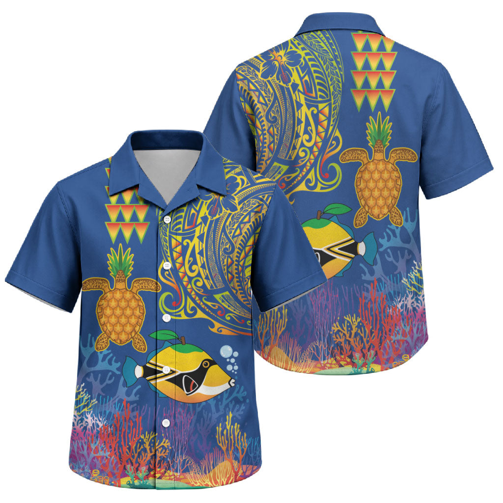 Hawaii Ocean Family Matching Off Shoulder Short Dress and Hawaiian Shirt Pineapple Turtle and Mango Reef Triggerfish and Kakau Tattoo