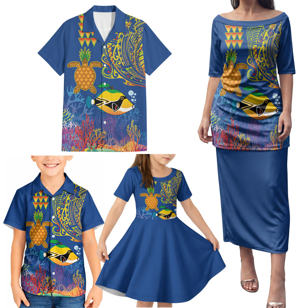 Hawaii Ocean Family Matching Puletasi and Hawaiian Shirt Pineapple Turtle and Mango Reef Triggerfish and Kakau Tattoo LT03 - Polynesian Pride