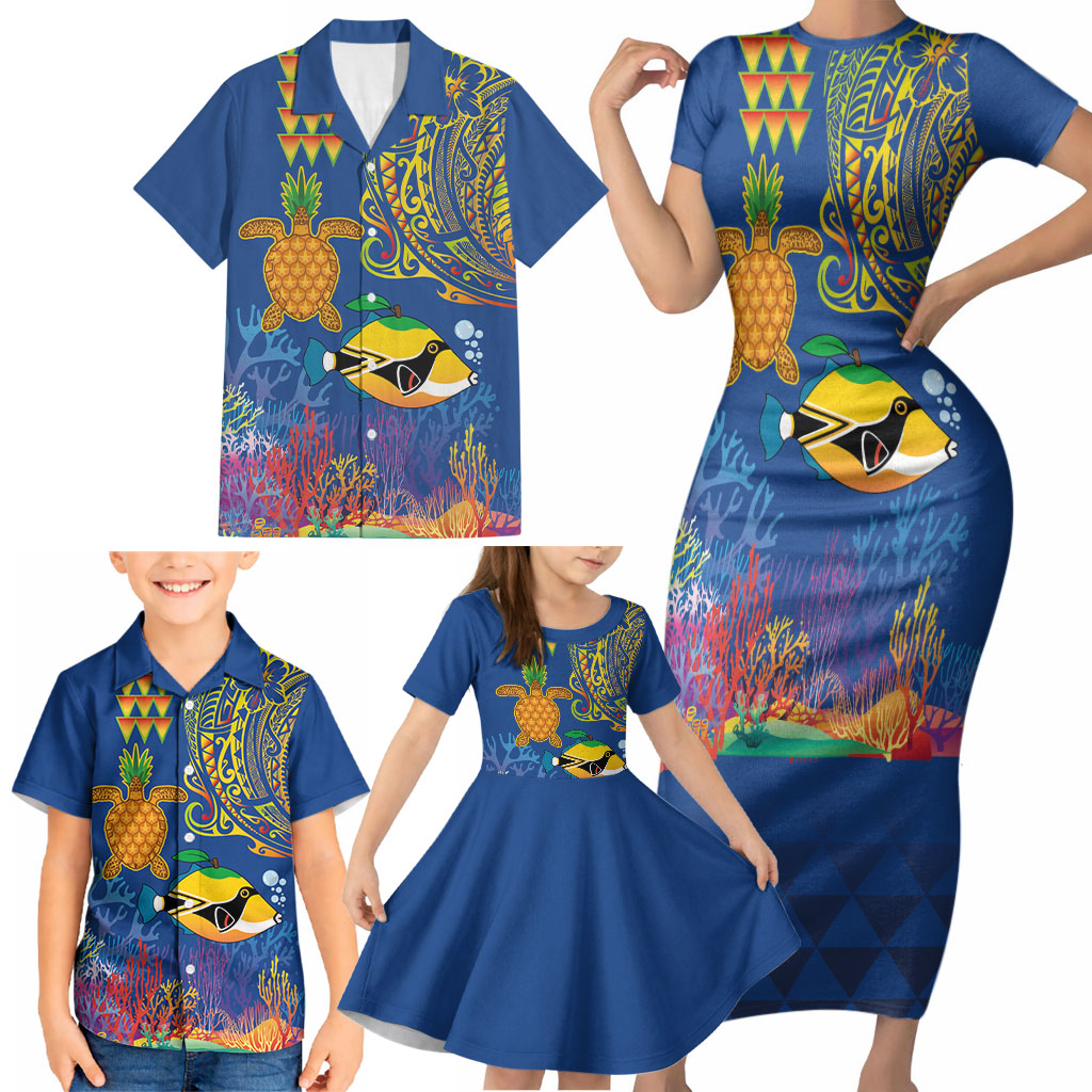 Hawaii Ocean Family Matching Short Sleeve Bodycon Dress and Hawaiian Shirt Pineapple Turtle and Mango Reef Triggerfish and Kakau Tattoo LT03 - Polynesian Pride