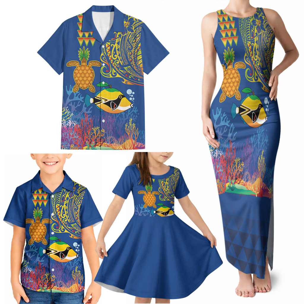 Hawaii Ocean Family Matching Tank Maxi Dress and Hawaiian Shirt Pineapple Turtle and Mango Reef Triggerfish and Kakau Tattoo LT03 - Polynesian Pride