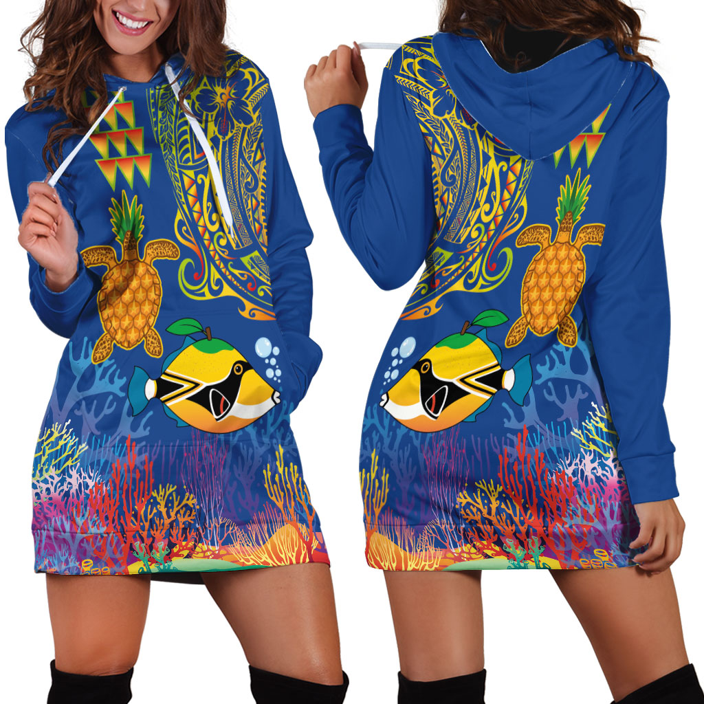 Hawaii Ocean Hoodie Dress Pineapple Turtle and Mango Reef Triggerfish and Kakau Tattoo