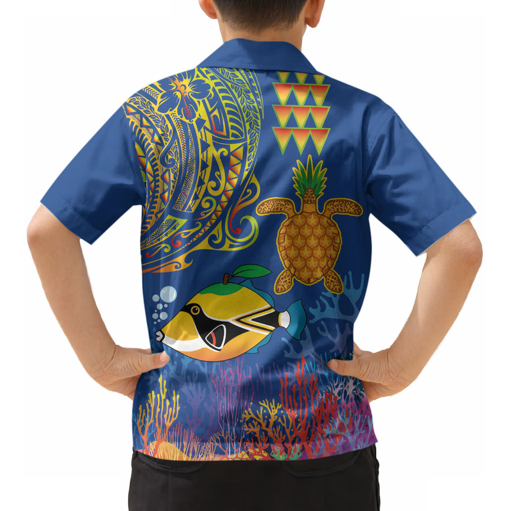 Hawaii Ocean Kid Hawaiian Shirt Pineapple Turtle and Mango Reef Triggerfish and Kakau Tattoo