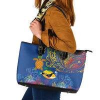 Hawaii Ocean Leather Tote Bag Pineapple Turtle and Mango Reef Triggerfish and Kakau Tattoo