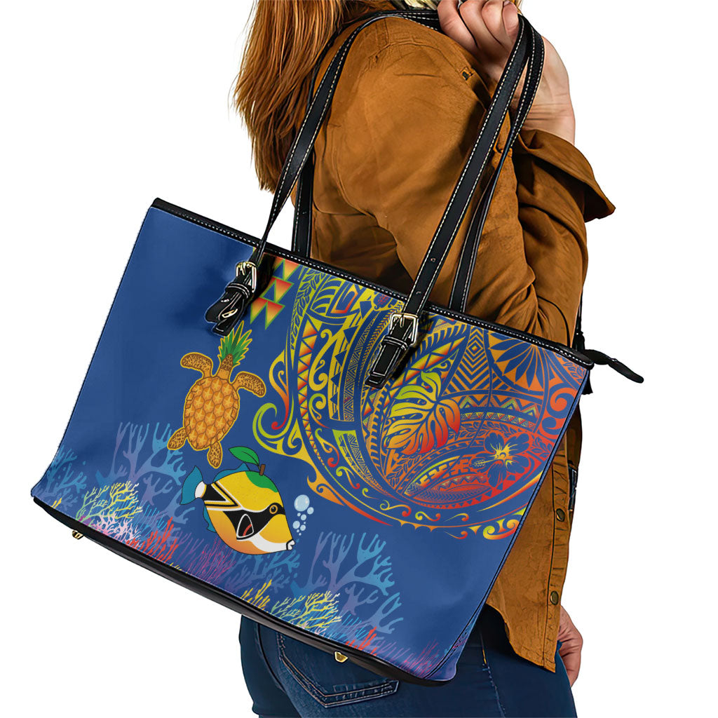 Hawaii Ocean Leather Tote Bag Pineapple Turtle and Mango Reef Triggerfish and Kakau Tattoo