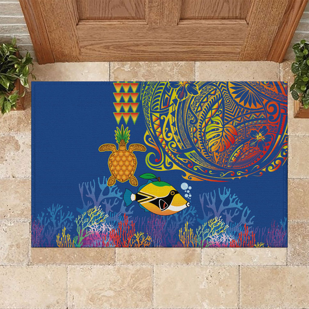 Hawaii Ocean Rubber Doormat Pineapple Turtle and Mango Reef Triggerfish and Kakau Tattoo