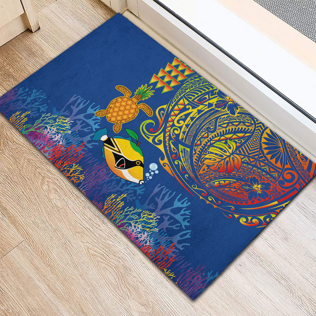 Hawaii Ocean Rubber Doormat Pineapple Turtle and Mango Reef Triggerfish and Kakau Tattoo