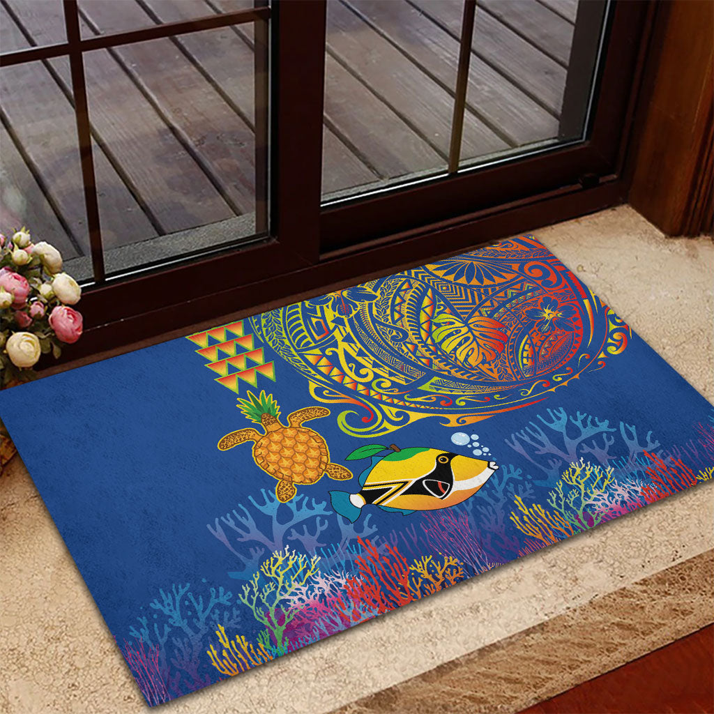 Hawaii Ocean Rubber Doormat Pineapple Turtle and Mango Reef Triggerfish and Kakau Tattoo