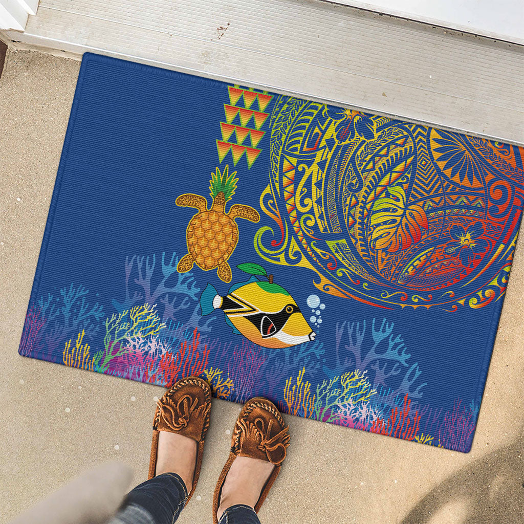 Hawaii Ocean Rubber Doormat Pineapple Turtle and Mango Reef Triggerfish and Kakau Tattoo