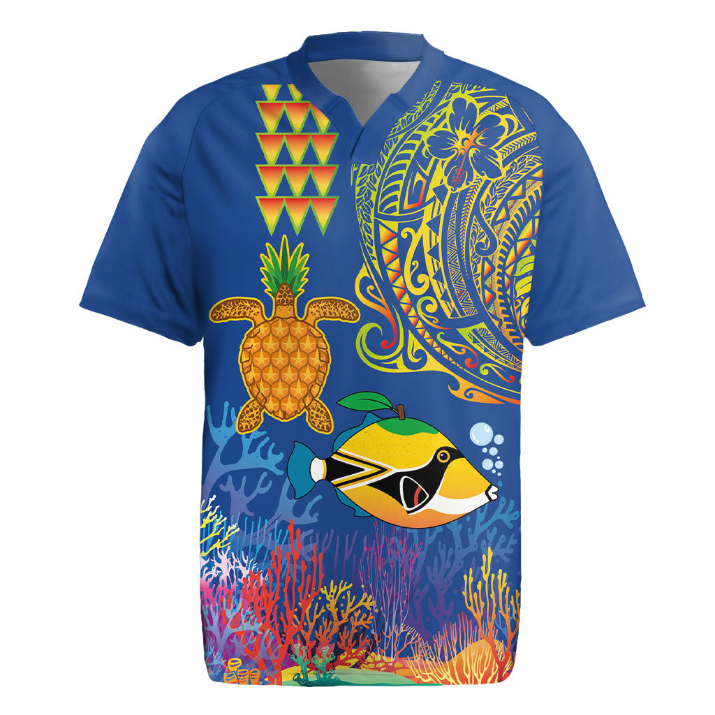 Hawaii Ocean Rugby Jersey Pineapple Turtle and Mango Reef Triggerfish and Kakau Tattoo LT03 Multicolor - Polynesian Pride