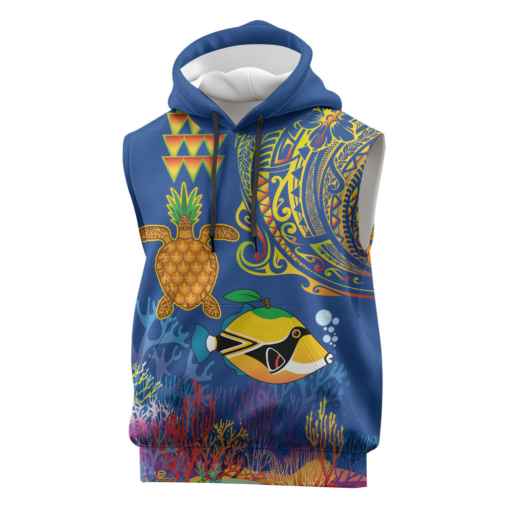 Hawaii Ocean Sleeveless Hoodie Pineapple Turtle and Mango Reef Triggerfish and Kakau Tattoo