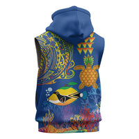 Hawaii Ocean Sleeveless Hoodie Pineapple Turtle and Mango Reef Triggerfish and Kakau Tattoo