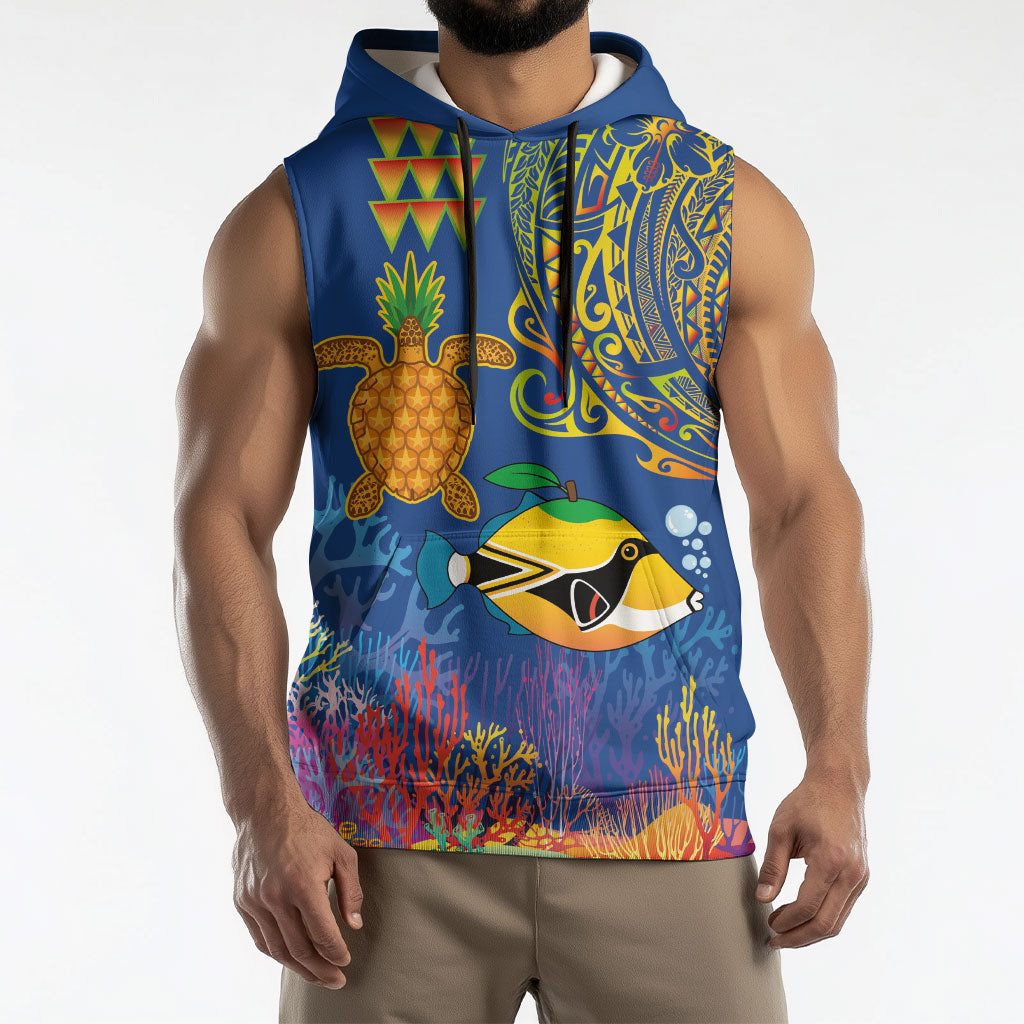 Hawaii Ocean Sleeveless Hoodie Pineapple Turtle and Mango Reef Triggerfish and Kakau Tattoo