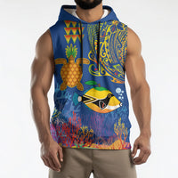Hawaii Ocean Sleeveless Hoodie Pineapple Turtle and Mango Reef Triggerfish and Kakau Tattoo