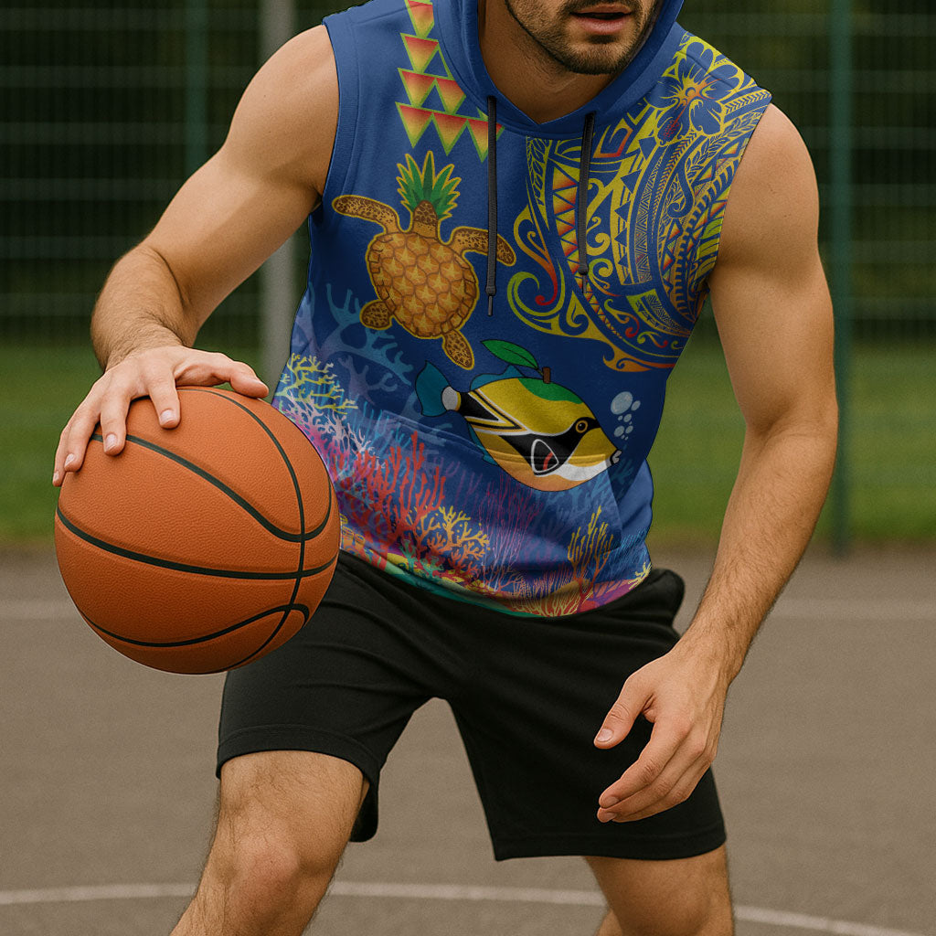 Hawaii Ocean Sleeveless Hoodie Pineapple Turtle and Mango Reef Triggerfish and Kakau Tattoo