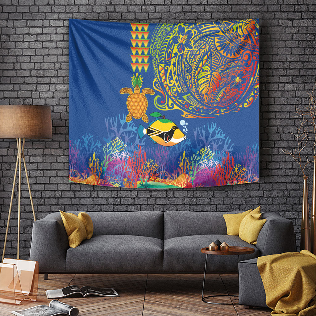 Hawaii Ocean Tapestry Pineapple Turtle and Mango Reef Triggerfish and Kakau Tattoo