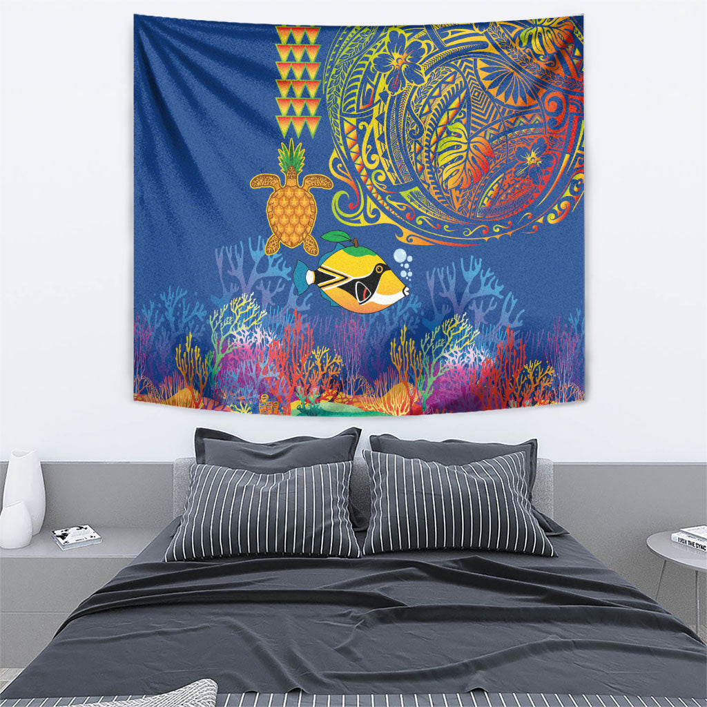 Hawaii Ocean Tapestry Pineapple Turtle and Mango Reef Triggerfish and Kakau Tattoo